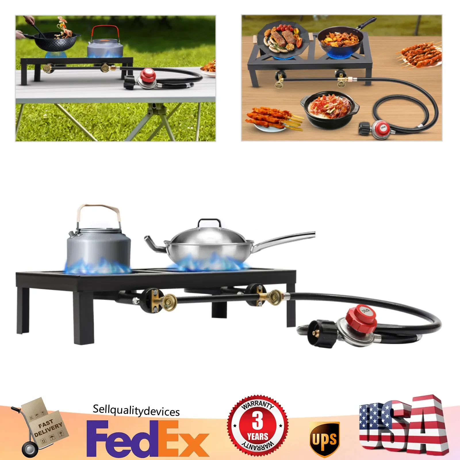 Portable Double Burner Outdoor Gas Stove Propane Cooker with Adjustable 0-10Psi Regulator Hose for Camping, BBQ, Home Brewing