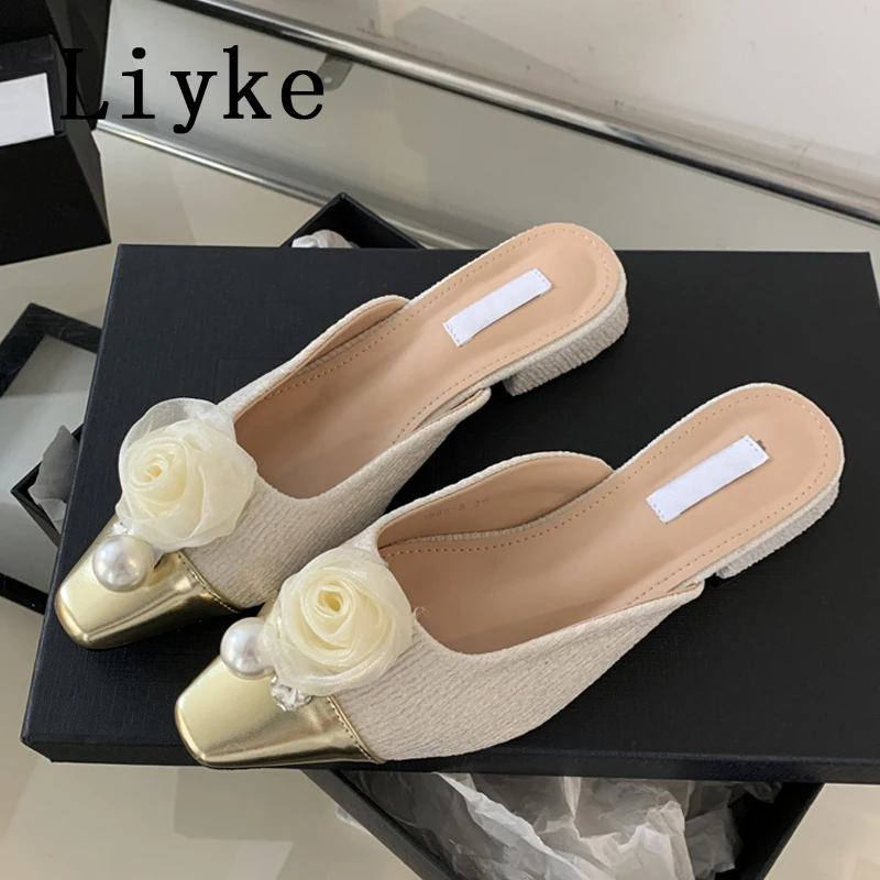 Liyke Fashion Design Flowers Pearl Square Toe Mules Slippers Ladies Dress Shallow Slip On Slingback Shoes Low Heels Women Pumps