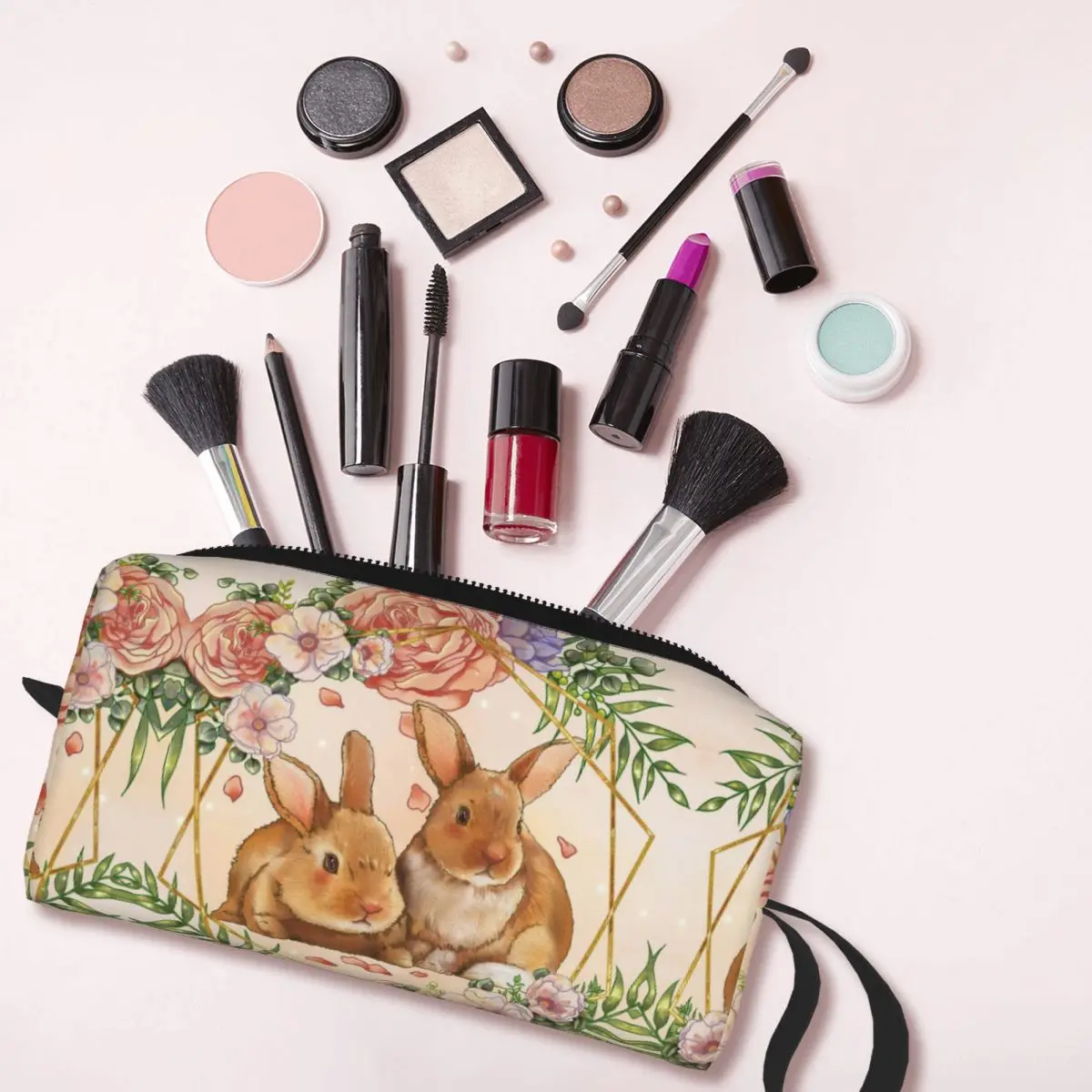 Bolsa de cosméticos colorida con flor de conejo para mujer, bolsas de maquillaje, huevos de conejo de pascua, bolsa de aseo diaria de viaje, organizador Merch