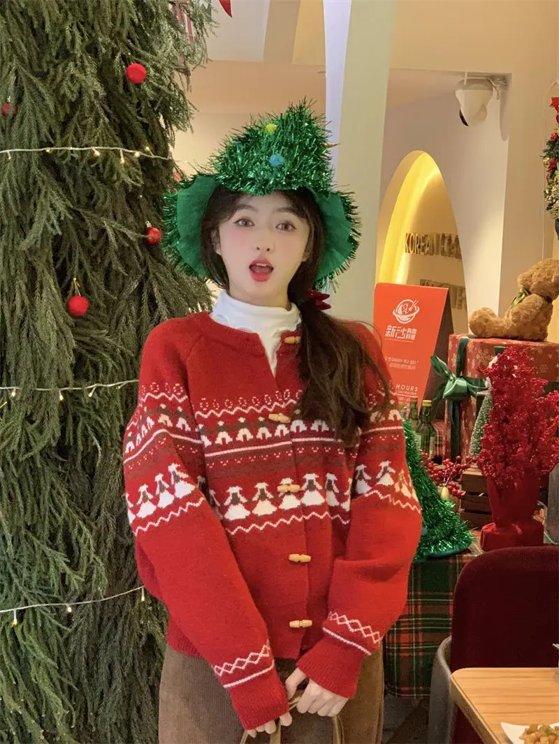 

Japanese Sweet Christmas Knitted Sweater Jacket Women Autumn Winter New Style Lower Design Layered Atmosphere Cardigan