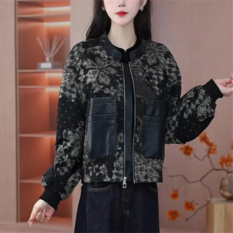 

Короткая куртка, женское пальто, верхняя одежда на молнии с принтом, свободная куртка с круглым вырезом, весенне-осенние женские спортивные куртки, женские пальто из элегантной ткани