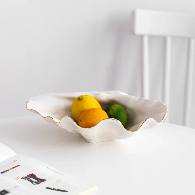Gold-edged Ceramic Plate Seashell Fruit Bowl Mussel Candy Box Desktop Storage Container Jewelry Tray Home Decoration Ornament