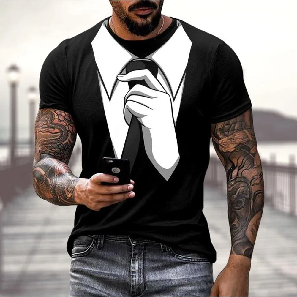 Funny Men's Fake Suit Tie Graphic T-Shirt Hand Adjusting Tie Illusion Print Short Sleeve Funny Casual Tops Novel T-shirts