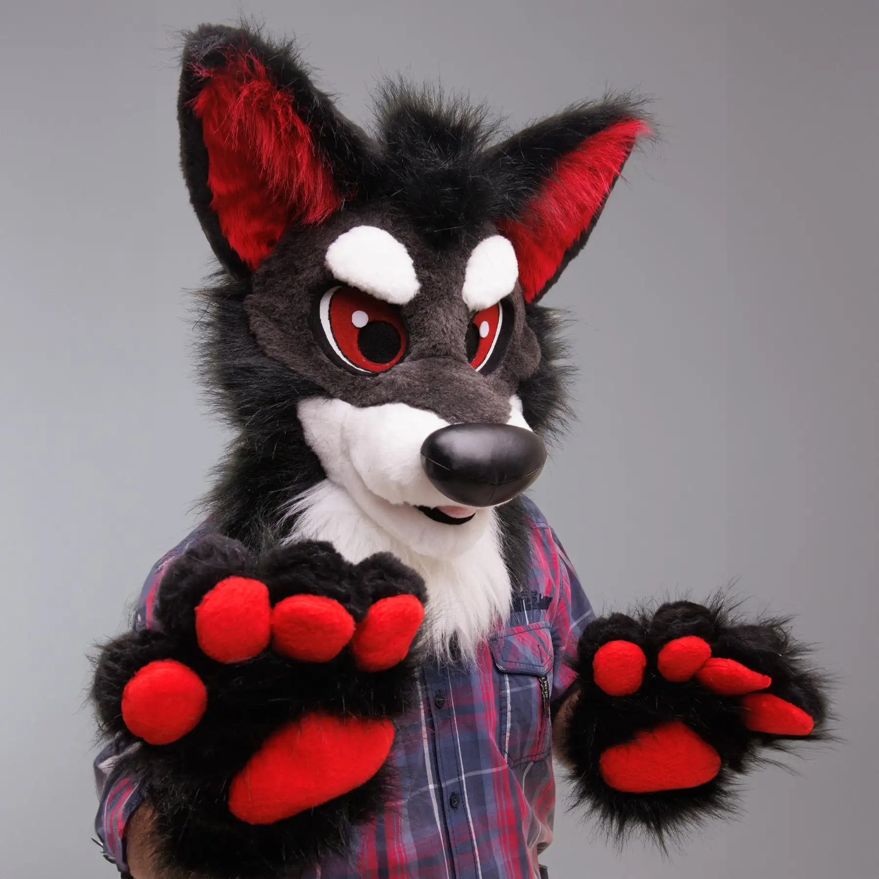 Roter Langhaar-Husky-Wolf Fursuit Kopf Handpfoten Schwanz Flauschiges Fuchs-Hunde-Maskottchen-Kostüm Zubehör für Erwachsene Halloween-Party-Requisiten