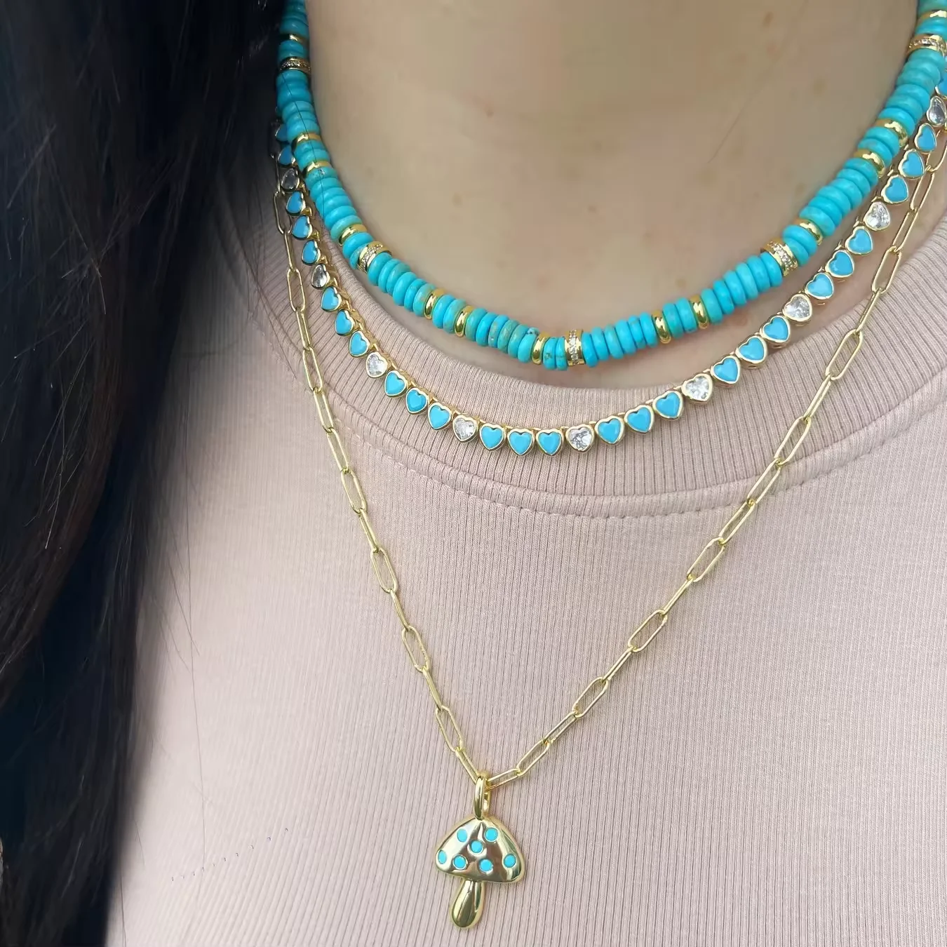 

New Luxury Heart Turquoise and Cubic Zirconia Tennis Necklaces for Women Gold Platinum Plated Color Fashion Jewelry for Party