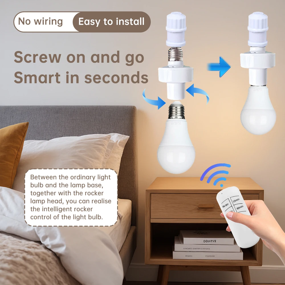 E27 Smart Remote Control Light Switch LED Lamp Wireless Timer Holder Bulb Base Socket On/Off 30M Range For Ceiling Chandelier