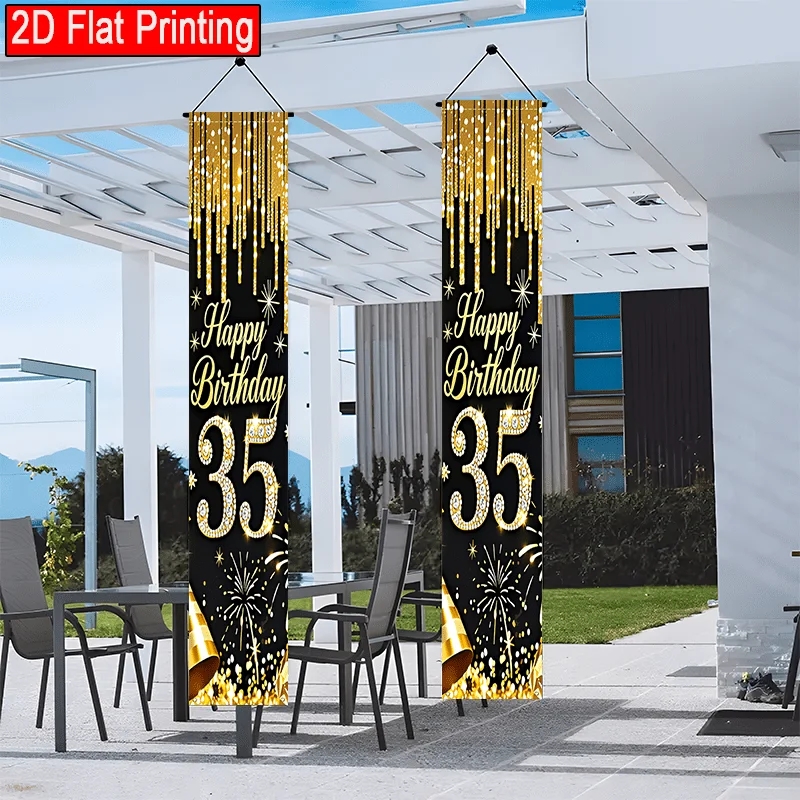 2D Flaches 2er-Pack Happy Birthday Banner mit Schwarz-Gold-Fransen für die Feier des 35. Geburtstags, geeignet für den Außenbereich – Detail 2