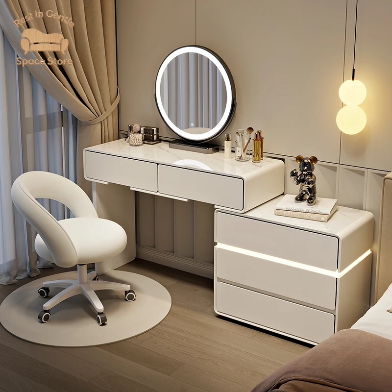 Modern Luxury Design Dresser with Light Emitting Diode Mirror Cream Wooden Cabinet Small Apartment Master Bedroom Furniture