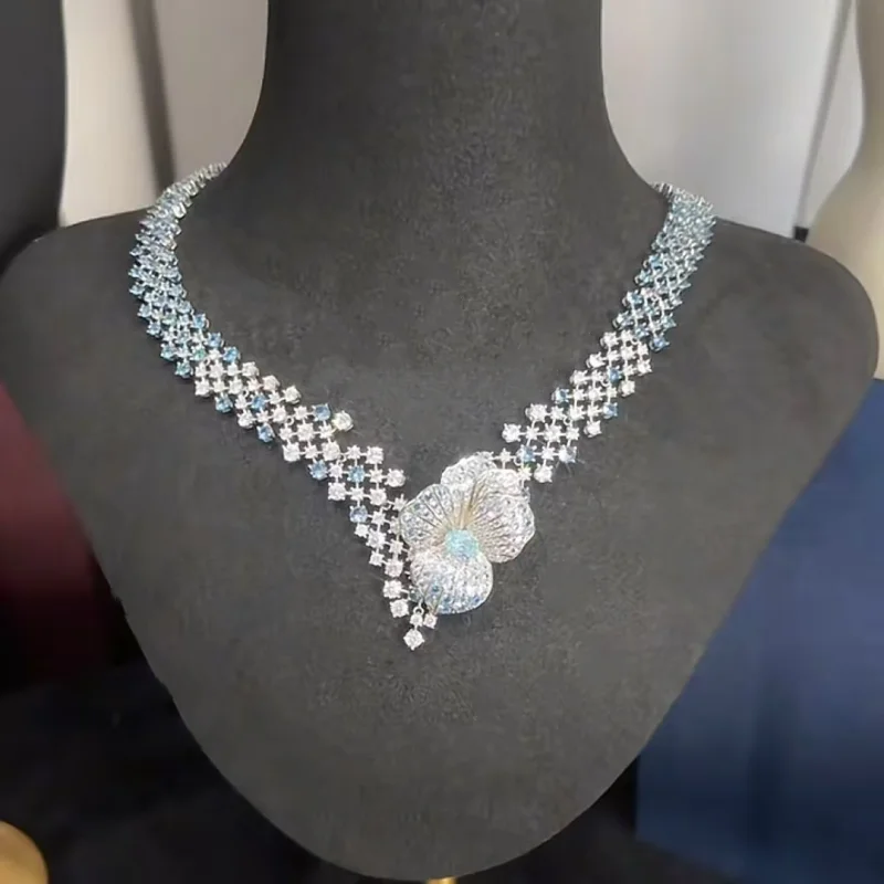 Bellux 925 Silver Synthetic Zircon Sapphire White Diamond Gradient Blue Flower Luxury Necklace Wedding Banquet Jewelry