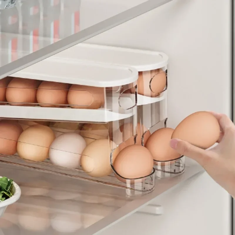 Sliding Egg Storage Box Refrigerator Food Holder Dispenser Double Layer Automatic Rolling Egg Container Kitchen Accessories