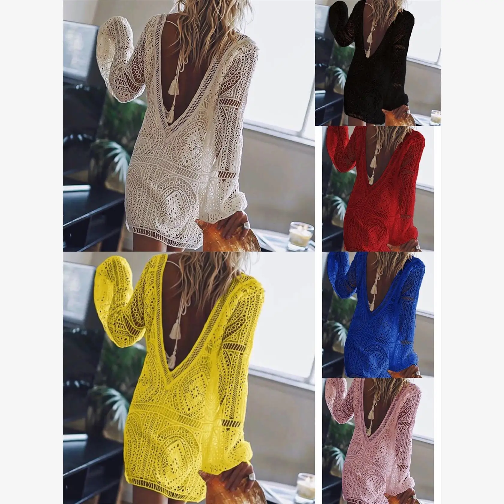 Lace Hollow out Loose Beach Cover up Long Sve Deep V Ne Bal ort Dr Women's Faion Summer Polyester