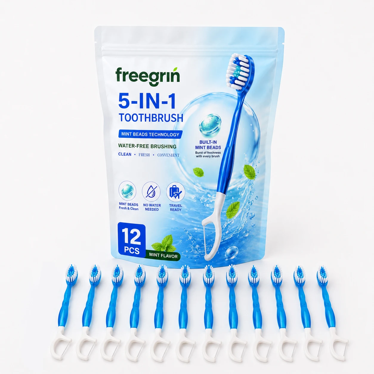 5-in-1 Disposable Travel Toothbrush 12Pcs Mint,Individually Wrapped Soft Brush with Toothpaste Floss Pick Tongue Scraper