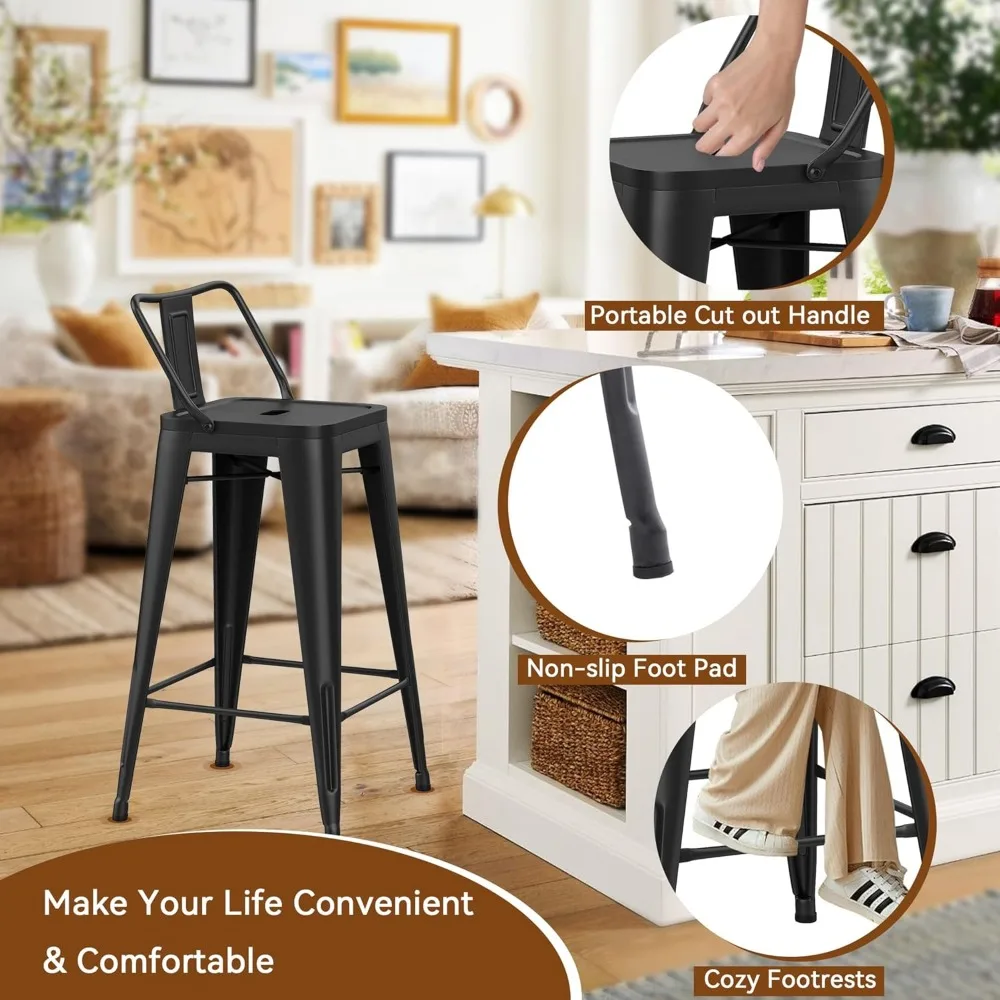 Juego de 4 taburetes de bar de metal de estilo industrial con soporte en X, negro mate, 30 pulgadas