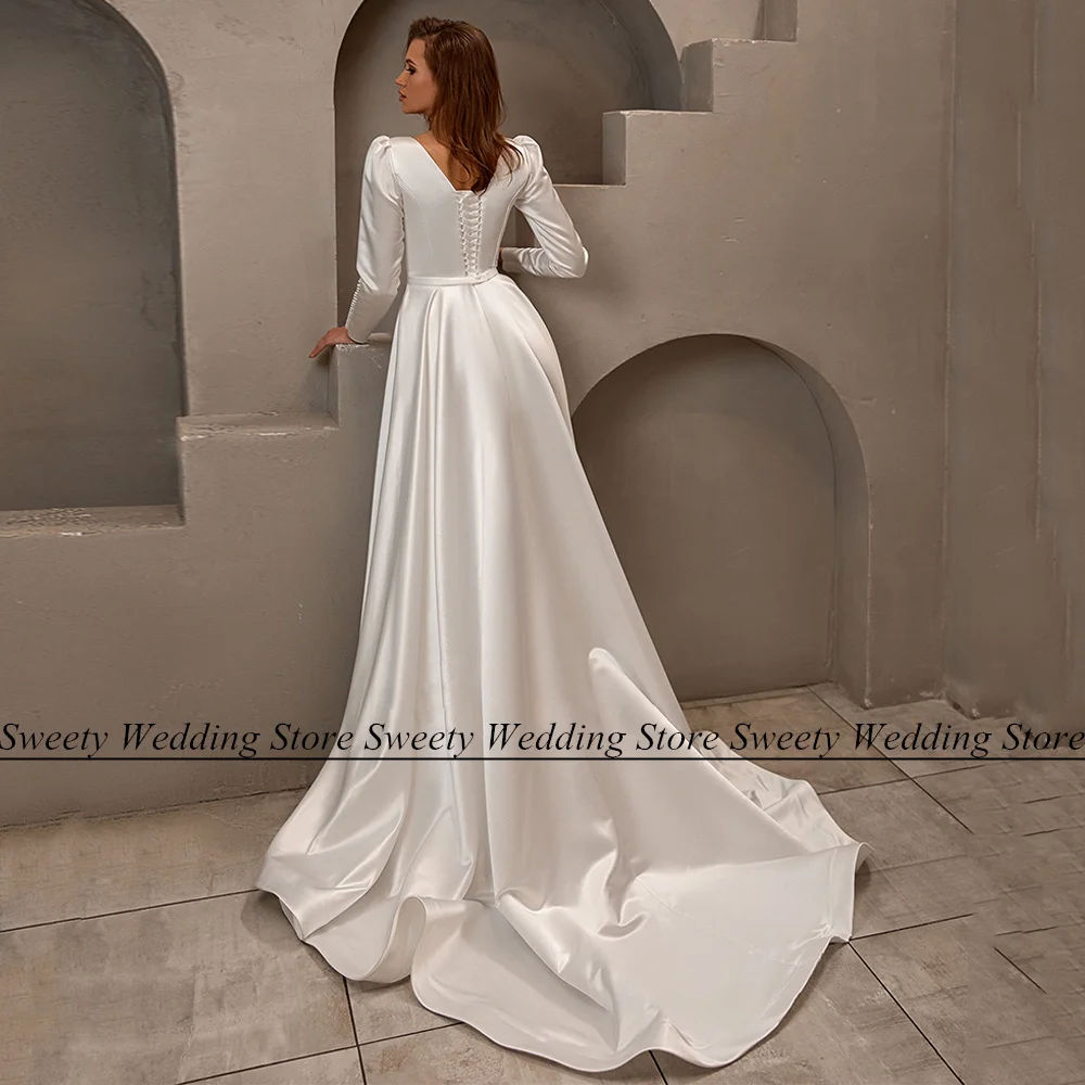 Customized Square Neck Satin Wedding Dresses Pearls Buttons Long Sleeve Sweep Train A Line Simple Muslim Bridal Gown Custom Size