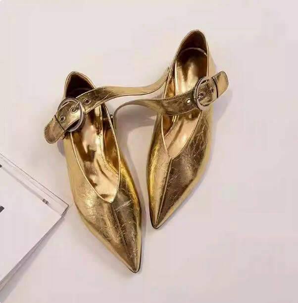 Silver Gold Leather Side Metal Buckle Pointed Toe Loafers V- Cut Thick Belt Buckle Flats Shoes Woman Comfortable Shoes