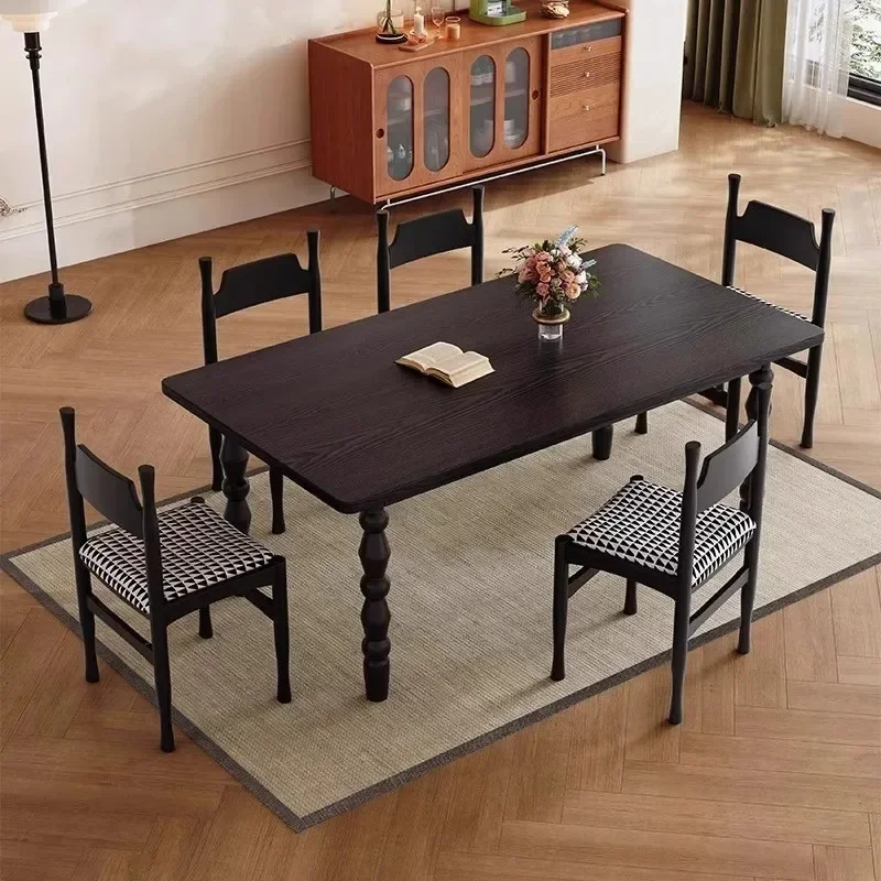 Retro style solid wood dining table and chairs rectangular retro black medium and ancient style table