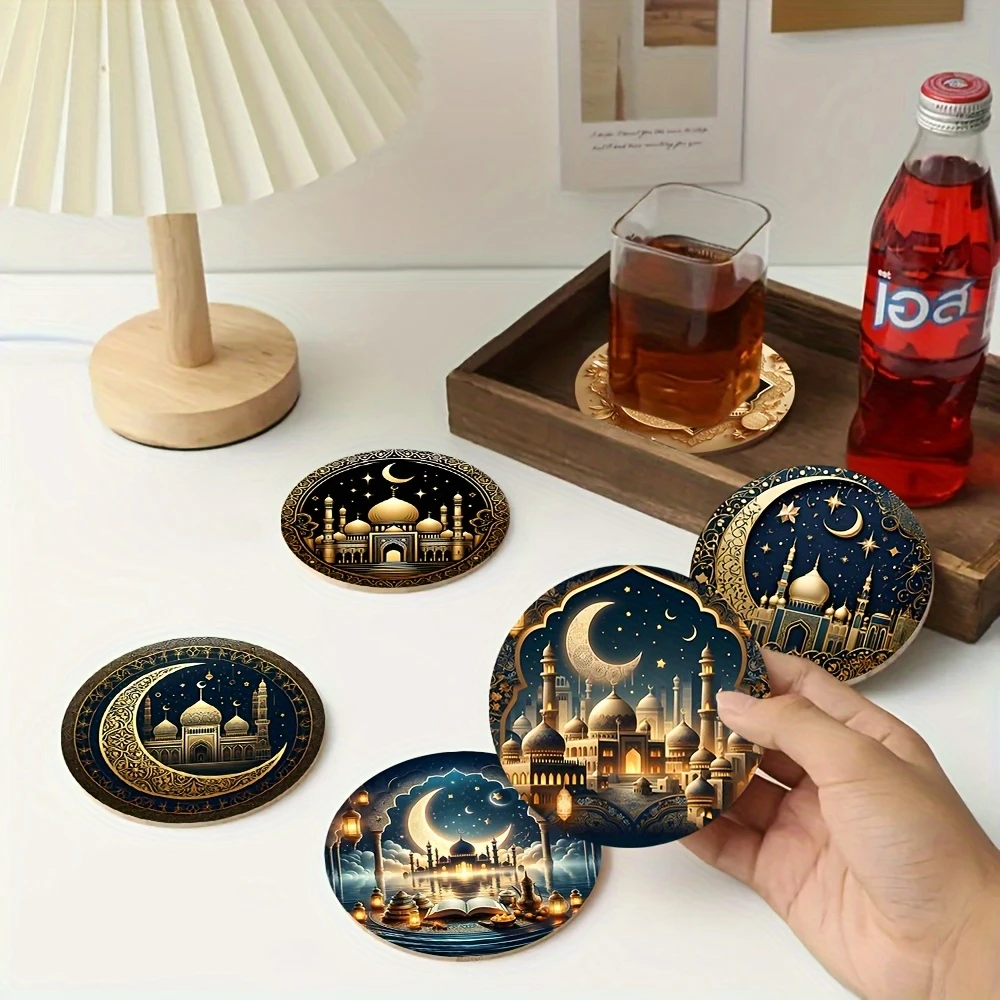 6pcs Islamic-Themed Moon-Phased Wooden Coaster Set Heat-Resistant Non-Slip Durable for Home Office Party Gifts