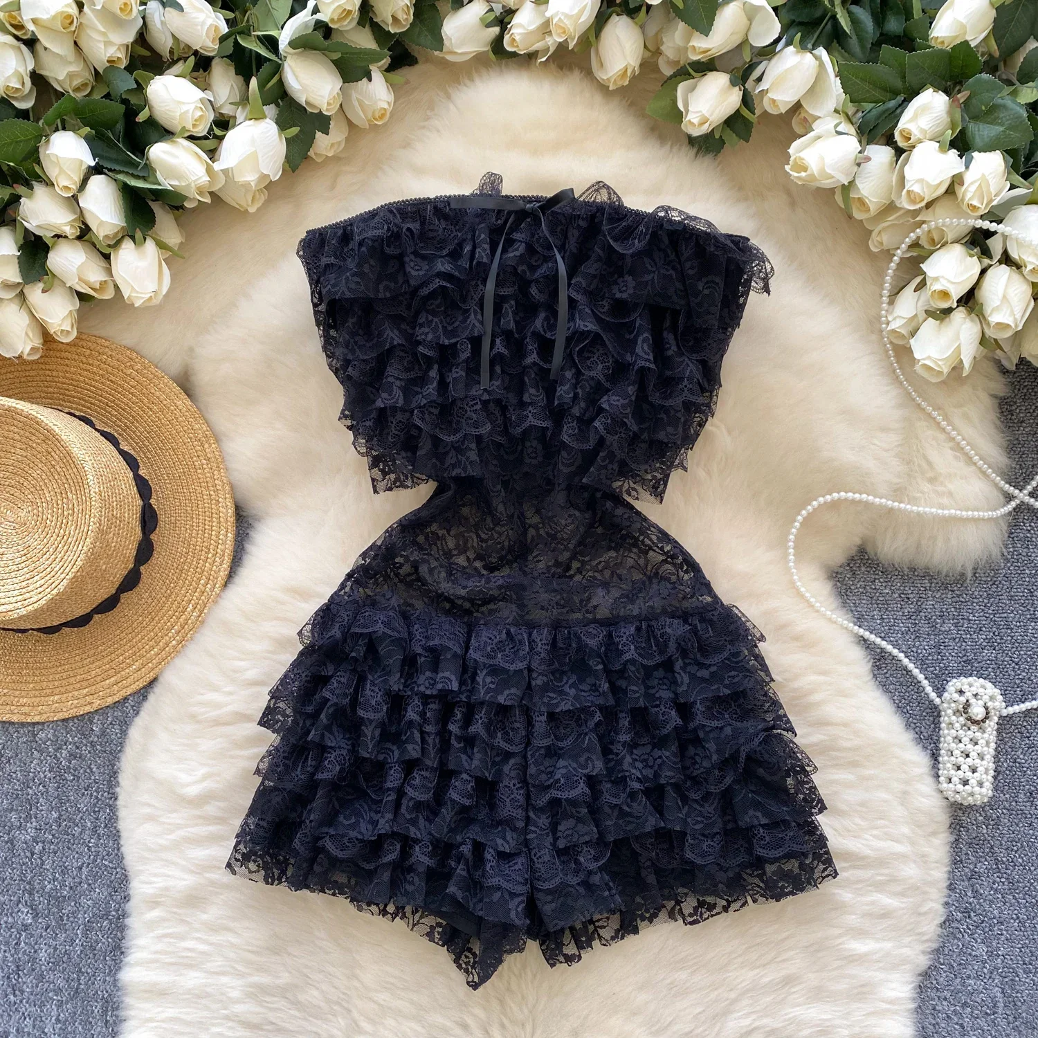 

Hotsweet Strapless Lace Mesh Ear Fungus Edge Sexy Slim High Street High Waist Wide Leg Short Pants Jumpsuit Playsuits Clothing