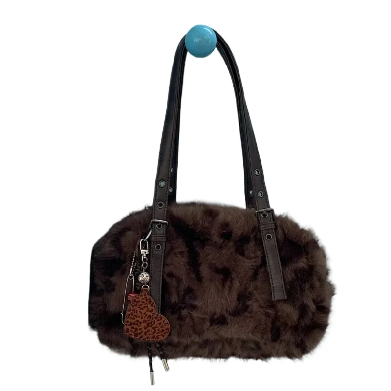 

Winter Fashion Leopard Print Plush Shoulder Bag for Women Retro Oval Fashion Underarm Bag Fashion High Street Armpit Bags