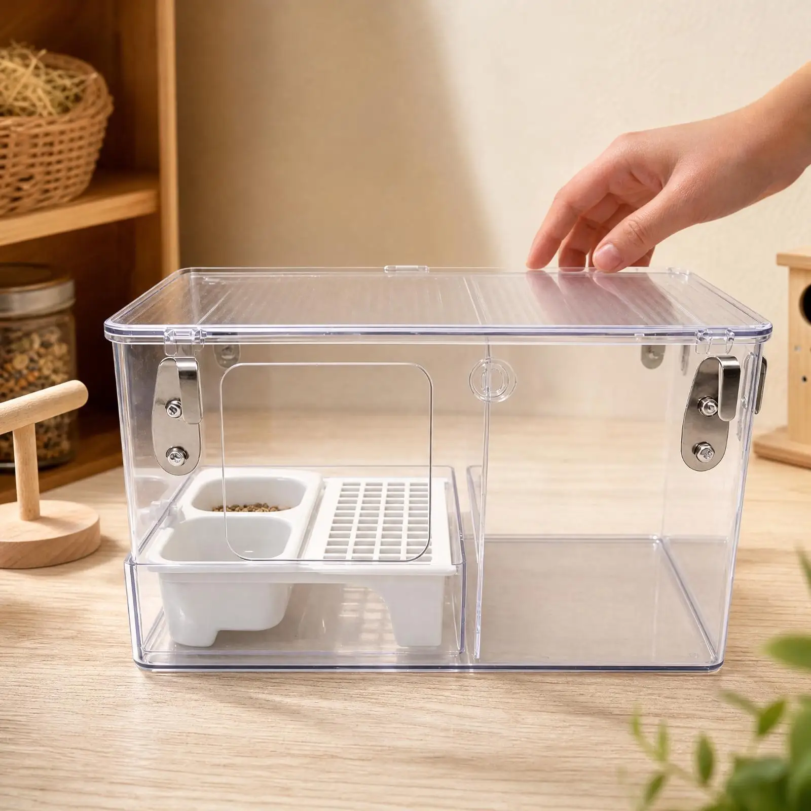 Transparent Acrylic Cage with Two Compartment Feeder and Top Opening Lid for Large Bird Breeding