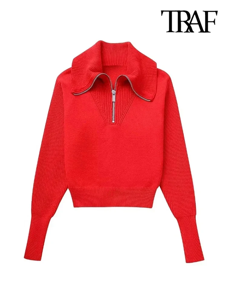 TRAF Women Fashion With Zipper Knit Sweater Vintage High Neck Long Sleeve Female Pullovers Chic Tops