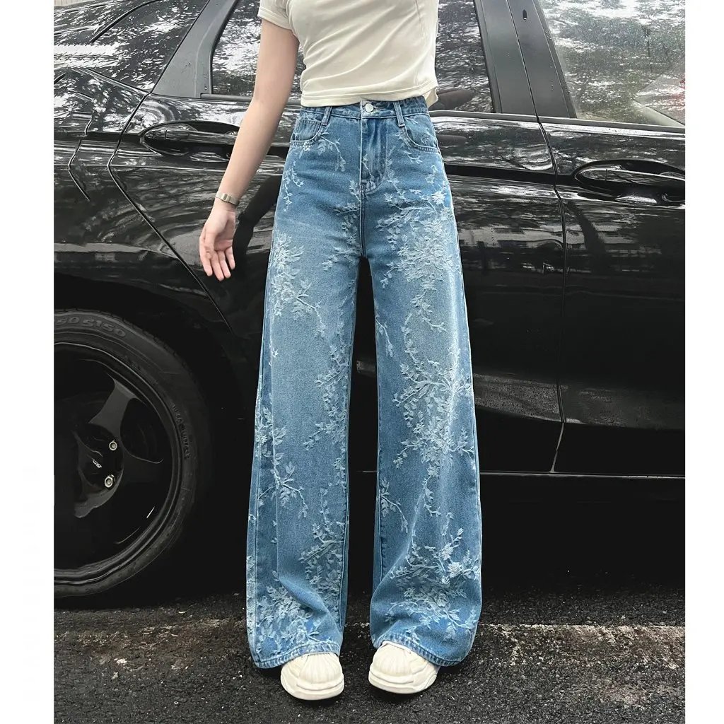 レディース ハイウエスト スリム ストレート ジャカード ジーンズ ナロー ワイドレッグパンツ 秋向けスタイリッシュな薄手デザイン