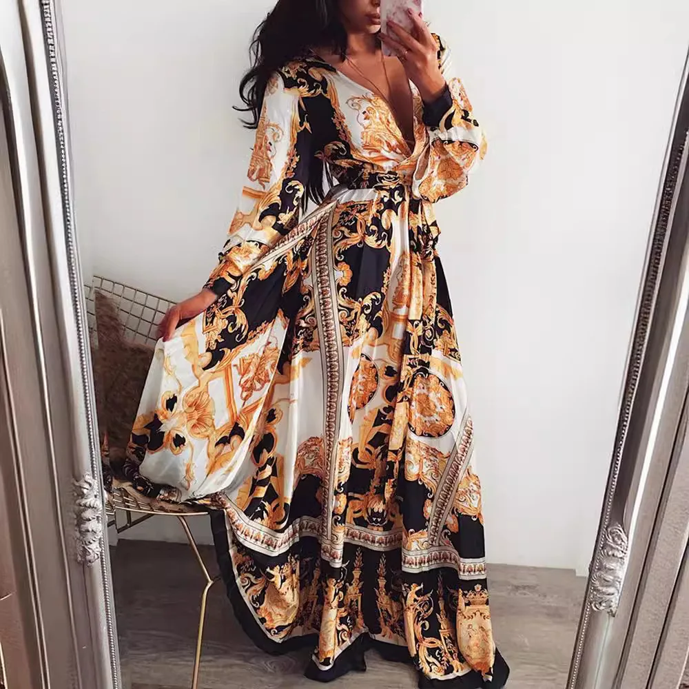 2024 Early Autumn New Sexy V-Neck Women\'s Retro Printed Long Sleeved Evening Dress, European And American Dress