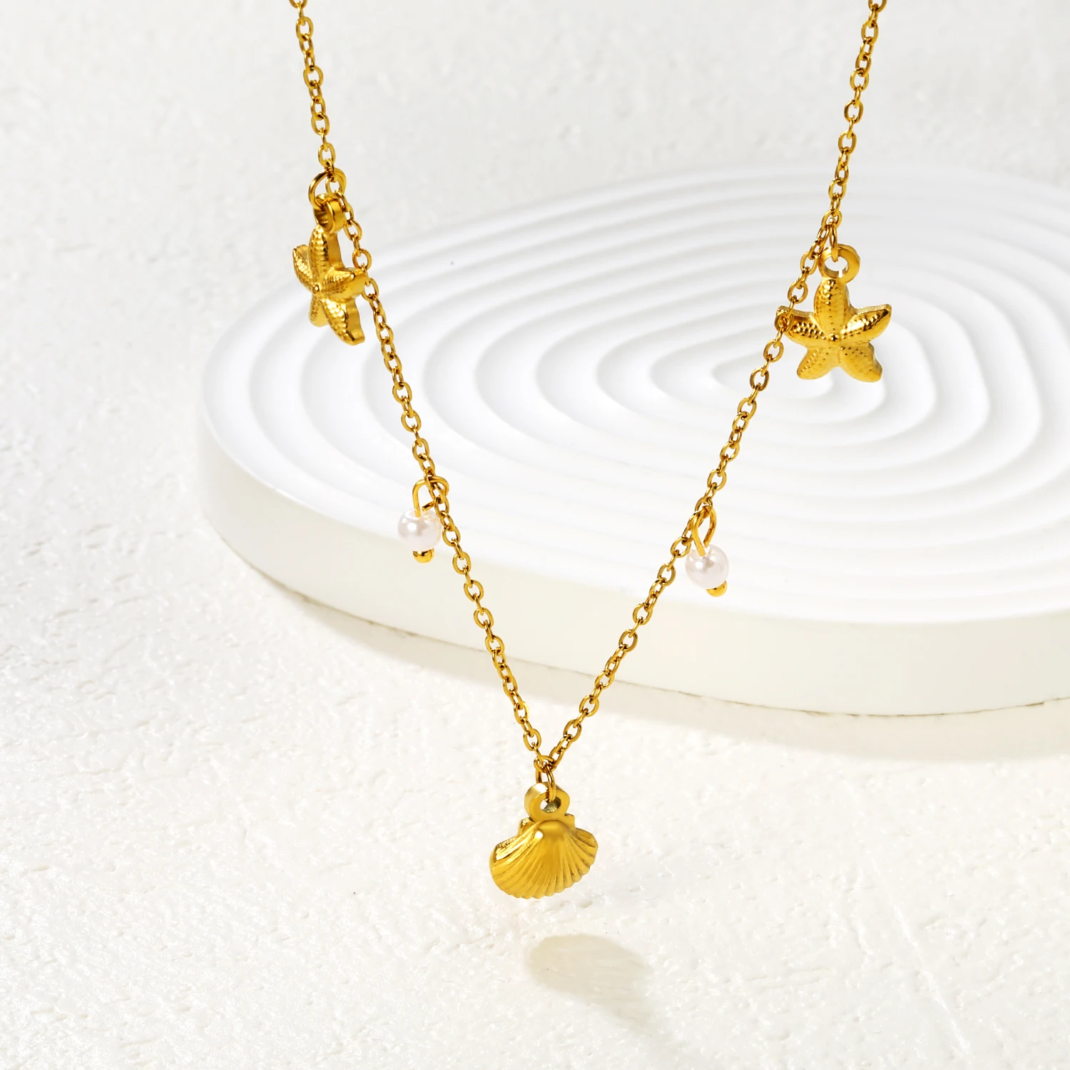 Fashion Boutique Stainless Steel Star Shell Pearl Pendant Necklace for Girls, Light Luxury, Elegant, Seaside Waterproof Jewelry