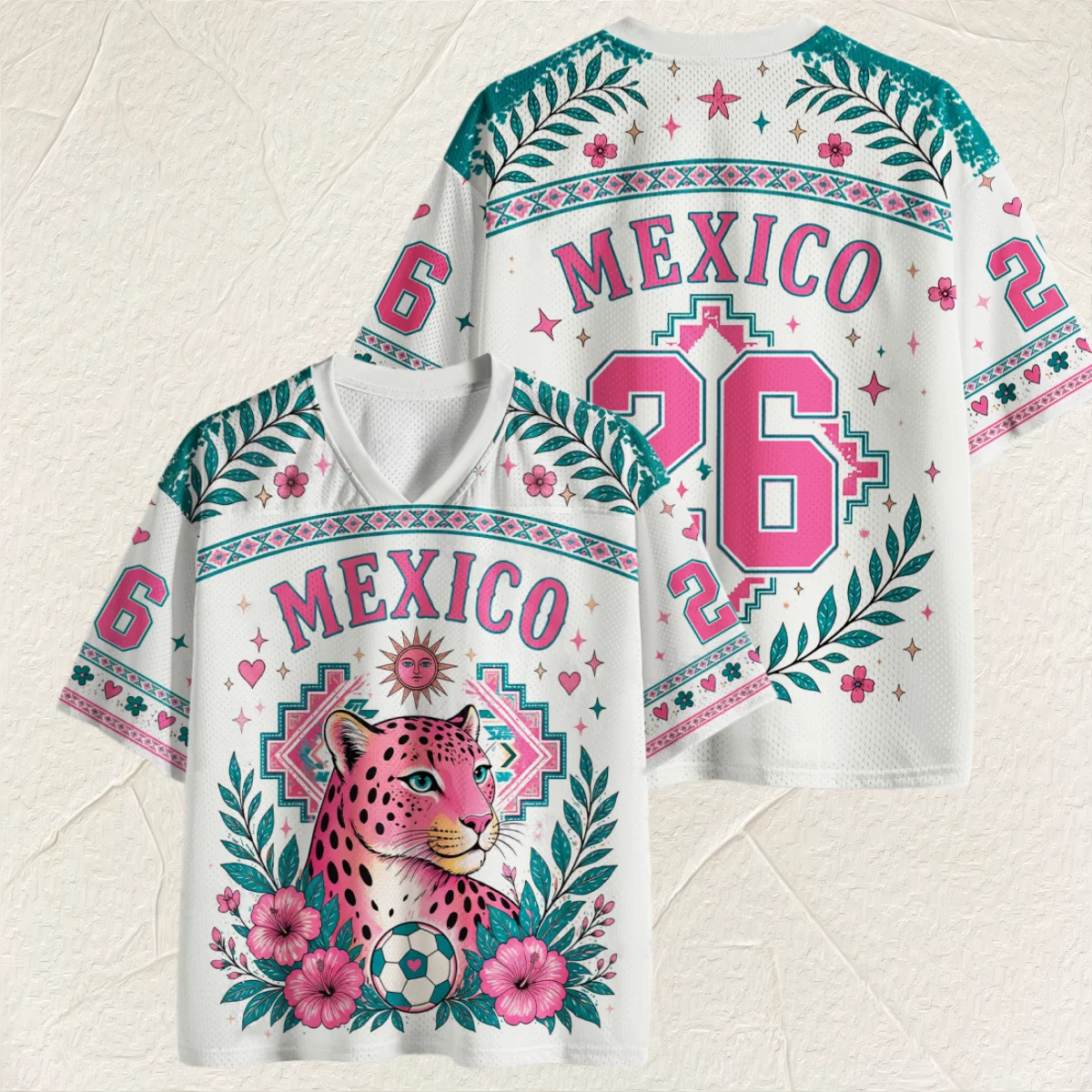 Camiseta de malla con estampado 3D de Pantera Rosa Mexicana para niños y adultos, estilo jersey, top étnico transpirable en contraste