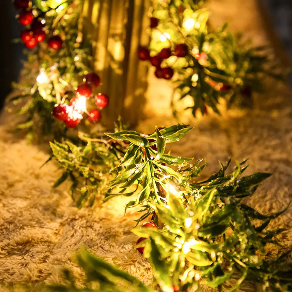 

1pc Gift Xmas Tree Ornament Leaves Branches Artificial Red Berries Christmas Decorative Garland Pine Cones Vine Hanging Wreath