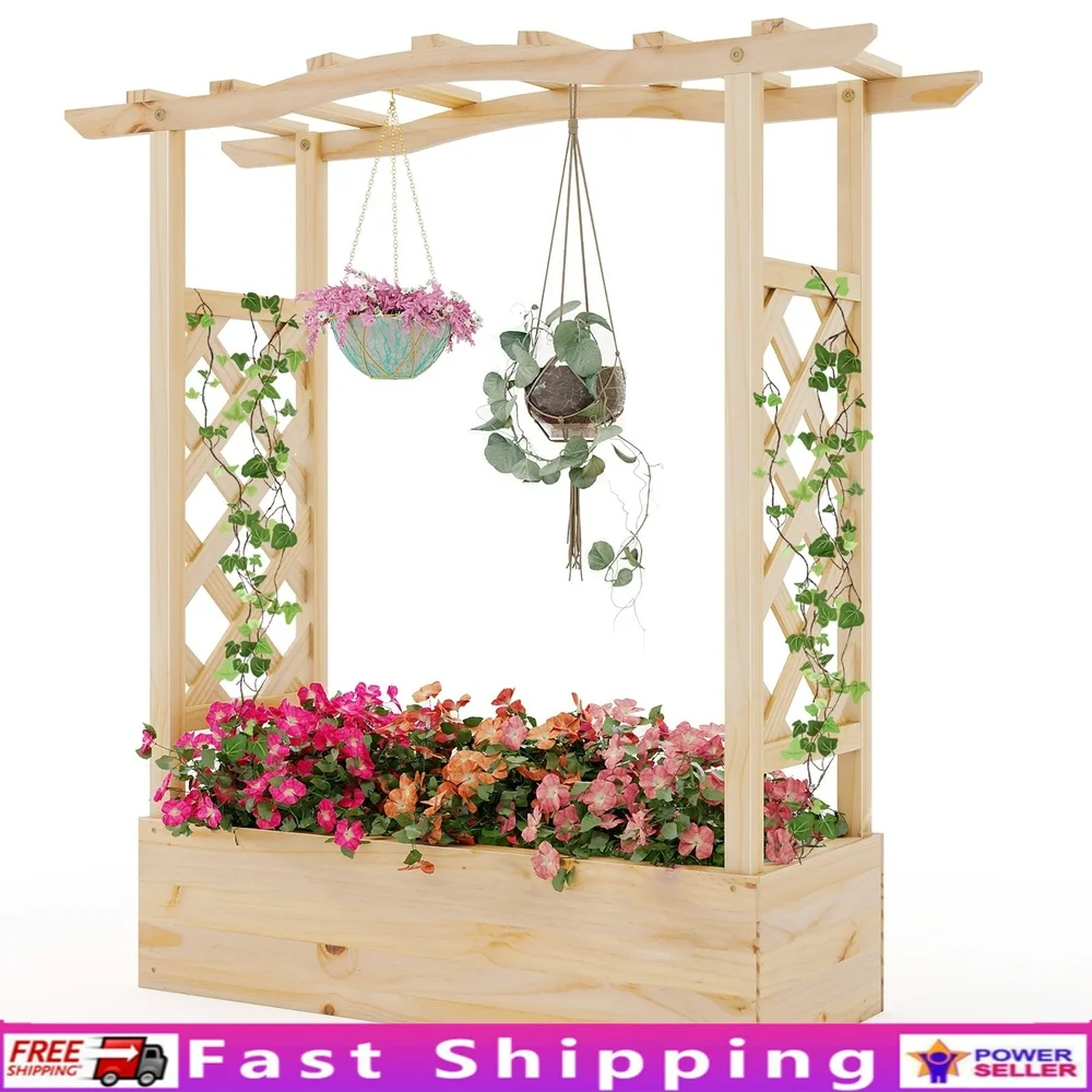 

Wooden Raised Garden Bed with Trellis Hanging Roof Planter Box Drainage System Indoor Outdoor Planting and Decoration