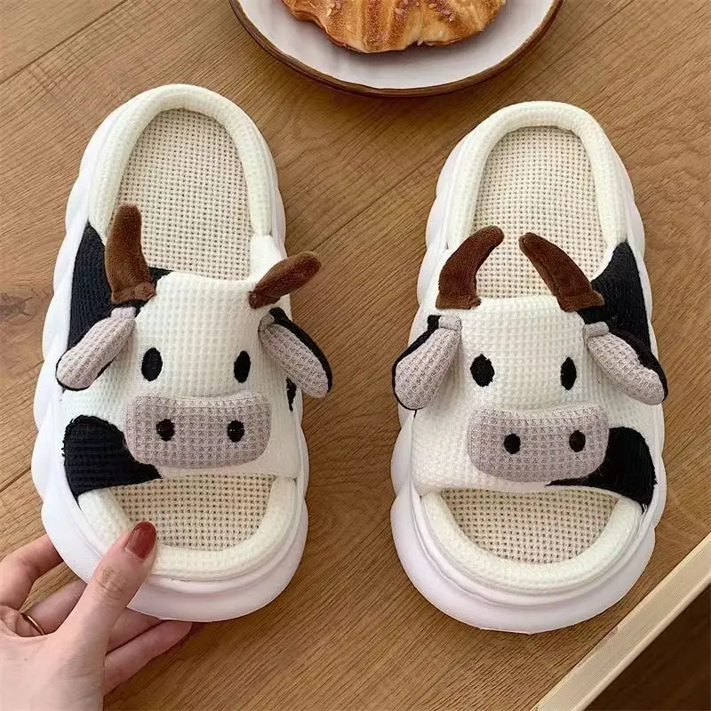 Four Seasons Universal Indoor Home Cotton Linen Sandals Cute Cartoon Cow Linen Slippers Non-slip