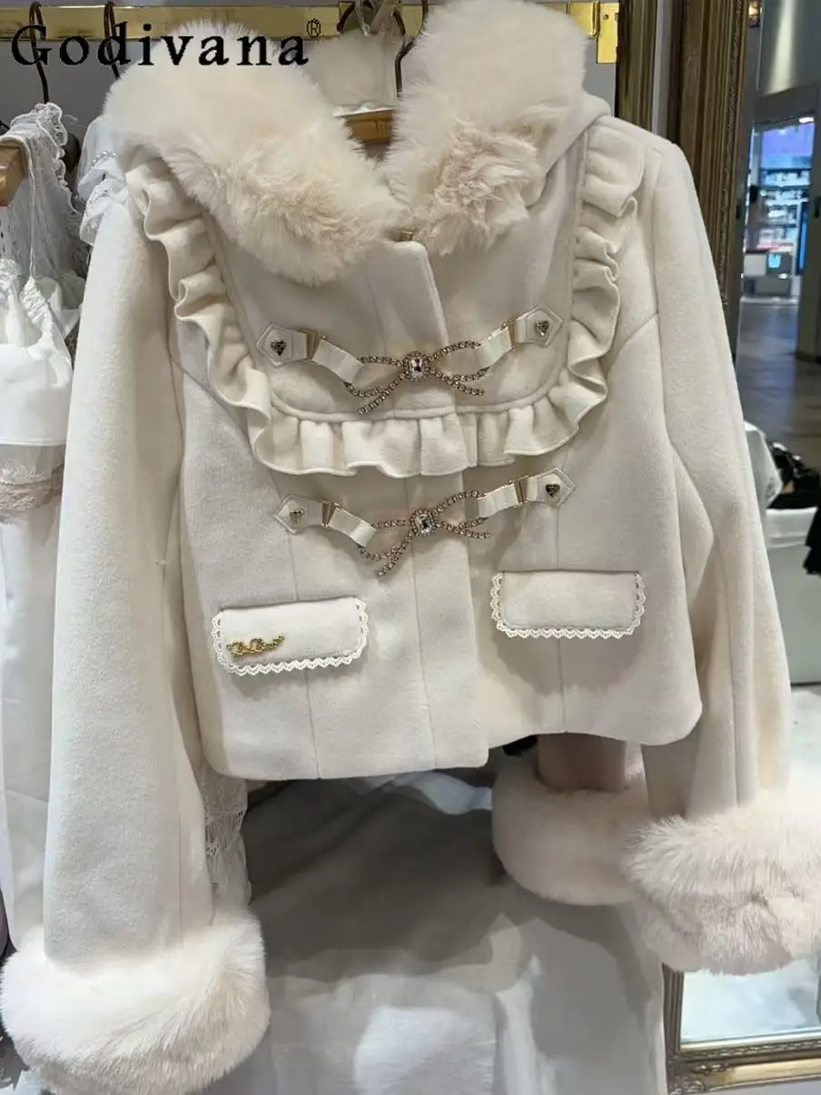 

2025 Winter New French Sweet Design Bow Hooded Coat Original Lolita Heart Leather Button Short Thick Woolen Coat for Women