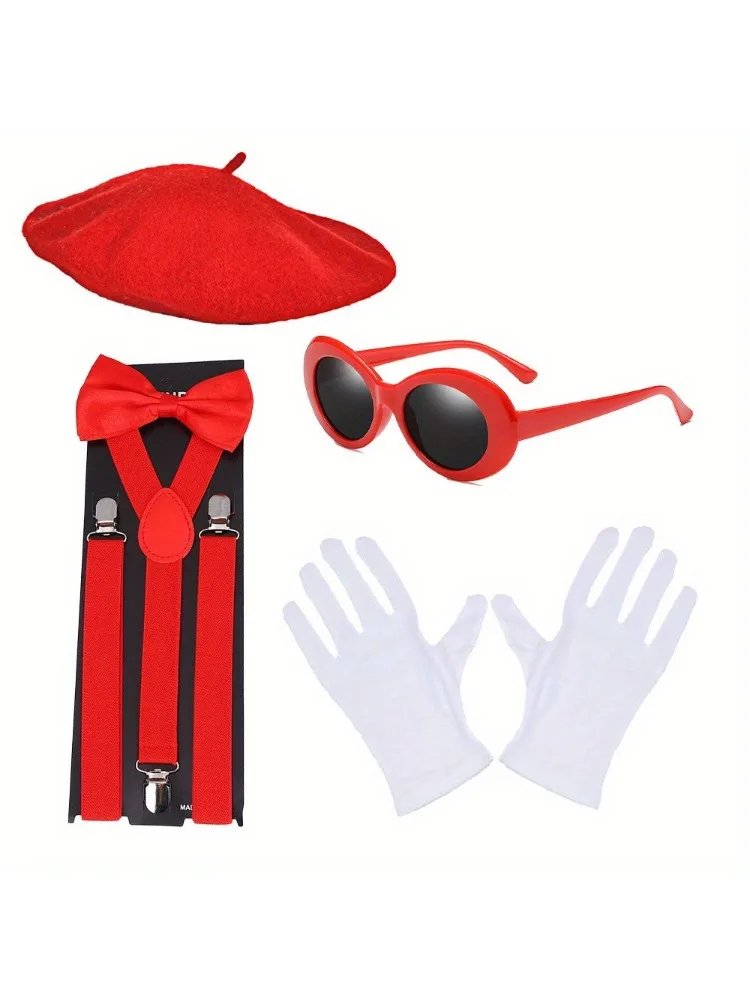 PESENAR Mime Kunstenaar Accessoires 6 Stuks met Baret Hoed Jarretel Sjaal Handschoenen Gezicht Verf Sokken voor Halloween mime Kostuum