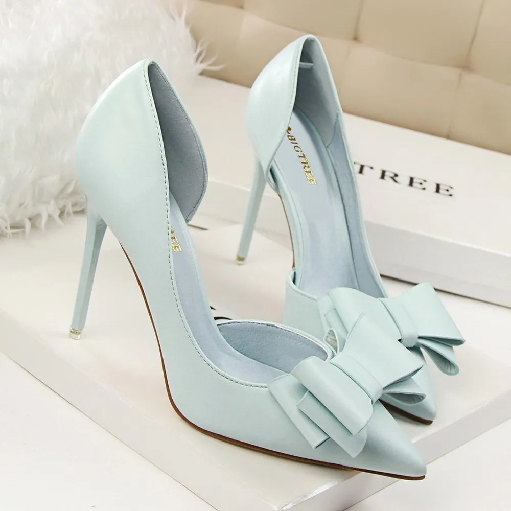 Summer Women\'s Thin Heel Shoes Hollow Bow Thin High Heels Sweet  Elegant Pumps High-heeled Blue 34 Pointed Ladies Shoes