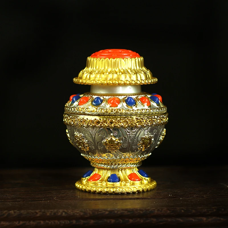 

6*4.5cm Mini Gold Alloy Metal Colored Stone Deocrate Treasured Buddhist Tibetan Putting Home Ofiice Bottle