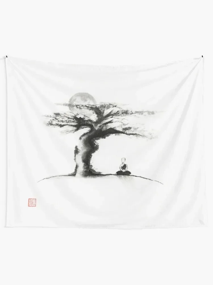 A monk meditating under an old tree in the moonlight Japanese Zen Sumi-e painting art print Tapestry