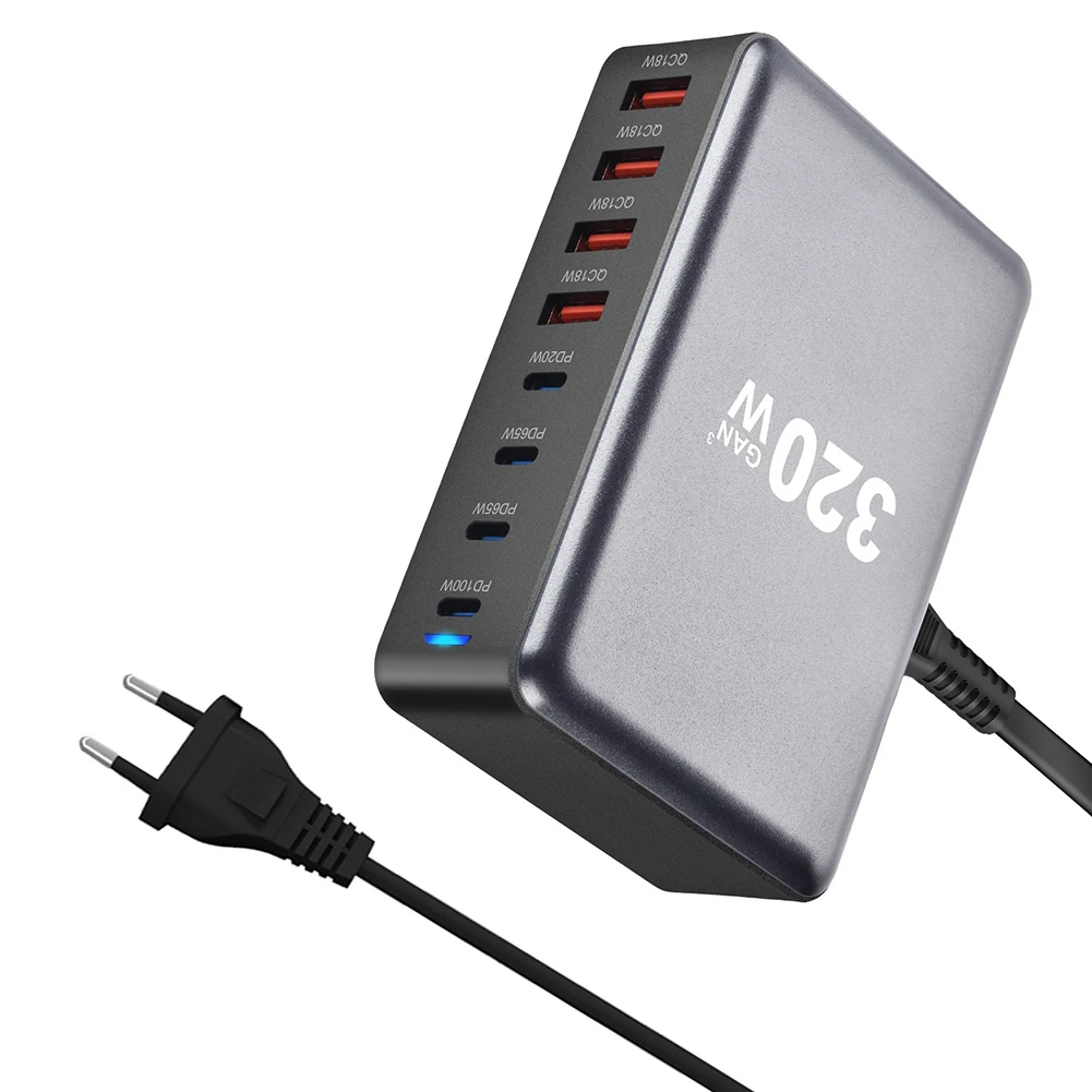 Chargeur USB C à charge rapide efficace, 8 ports, 320W, compact, léger, multi-appareils