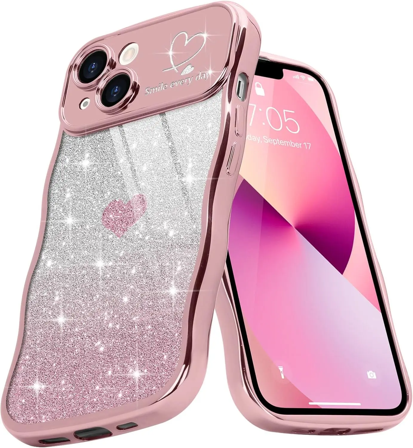 

Cute Curly Wave Frame Glitter Heart iPhone 13 Case for Women, Pink - Shockproof & Camera Protection