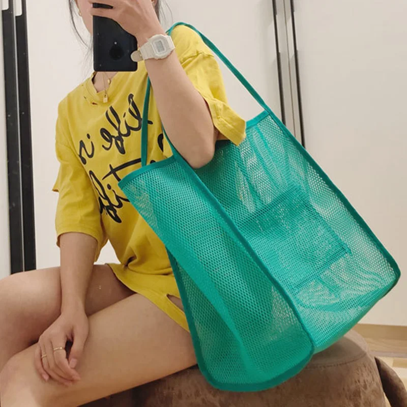 

1pcs Summer New Mesh Totes Bag Hollow Out Large Capacity Shoulder Bags For Women Travel Beach Bag Student Bookbag Shopping Back