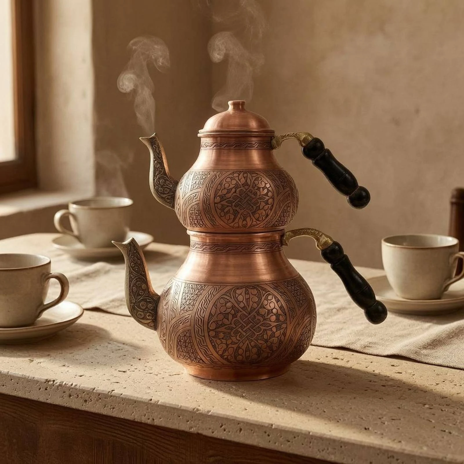Mother-Son Teapot Embossed Floral Copper Teapot Stacked Kettle Geometric Carving Drinkware Gas and Electric Cooktop