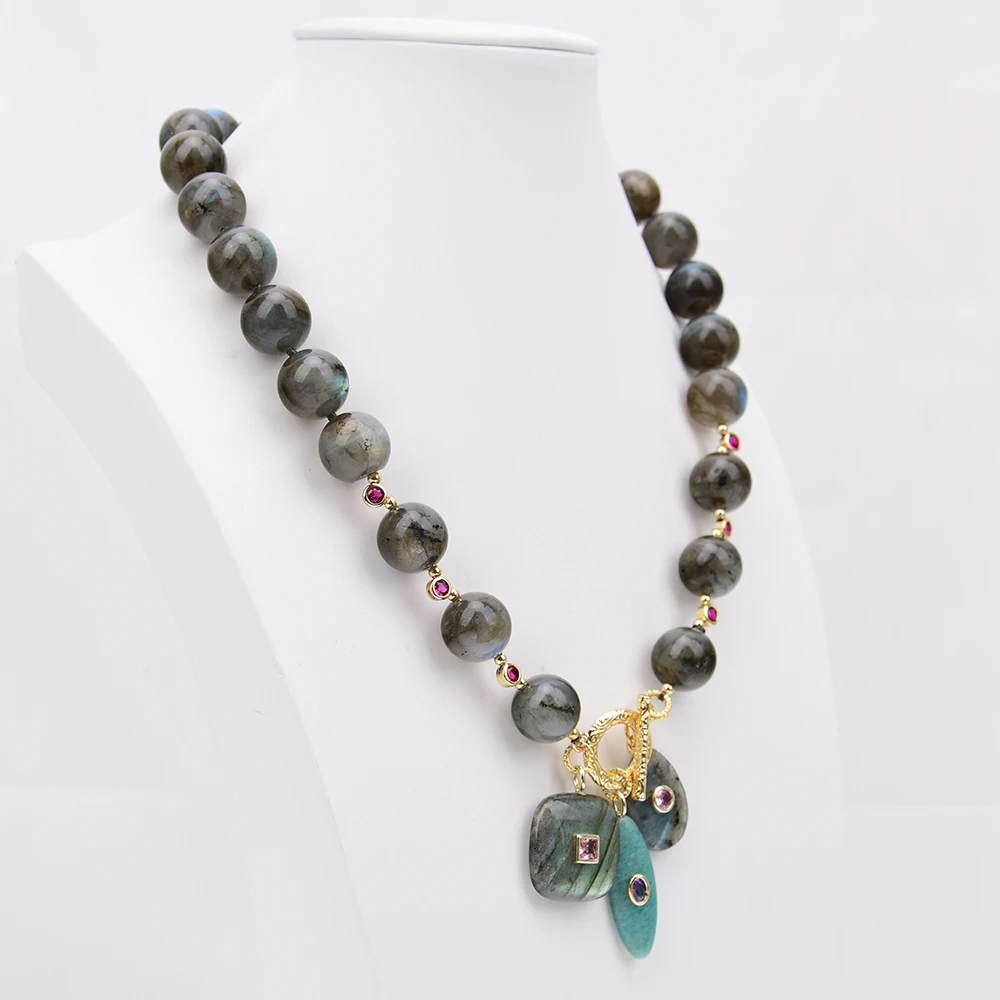 G-G Natural Mix Gray Labradorite Round Beads Rose Zircon Necklace Gems Amazonite Pendant