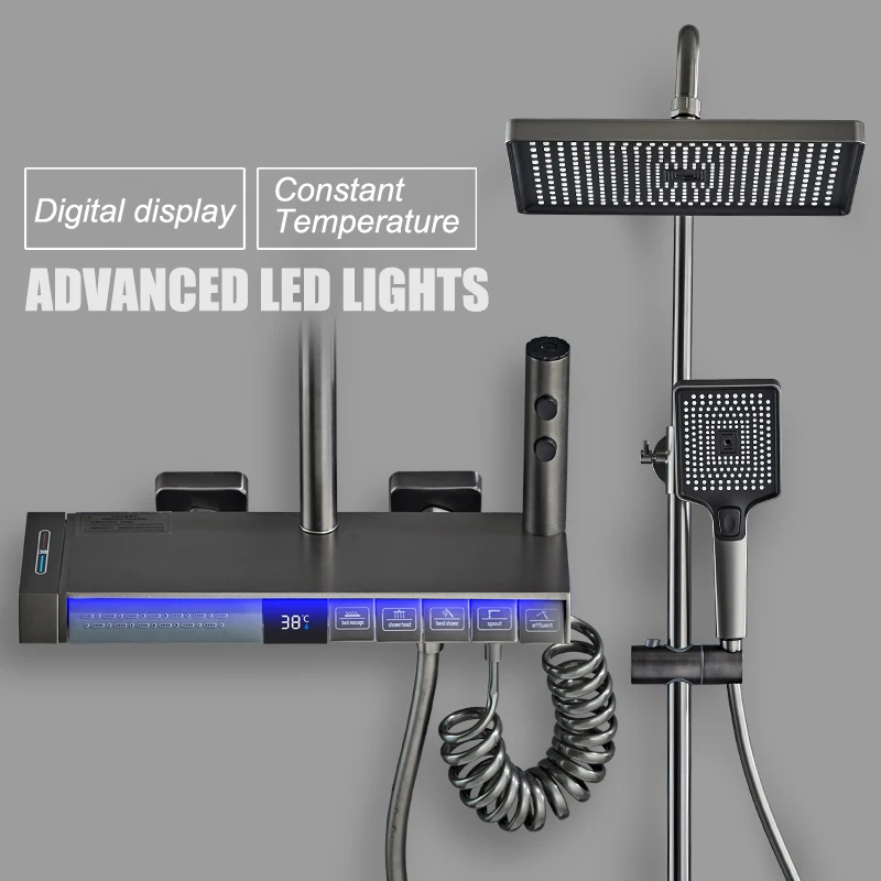Imagem -02 - Conjunto de Sistema de Chuveiro de Banho Torneira de Luxo Banheiro de Latão Chuveiro Inteligente Display Digital Montagem na Parede do Agregado Familiar Chuva