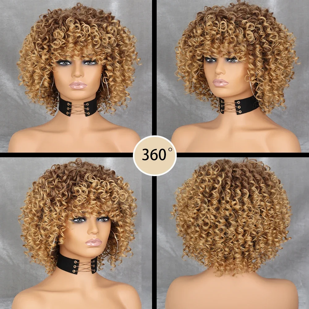 WERD Synthetic Curly Afro Blonde Wig With Bangs Shoulder Length Wigs Afro Kinkys Wigs Synthetic Curly Full Wig For Black Women