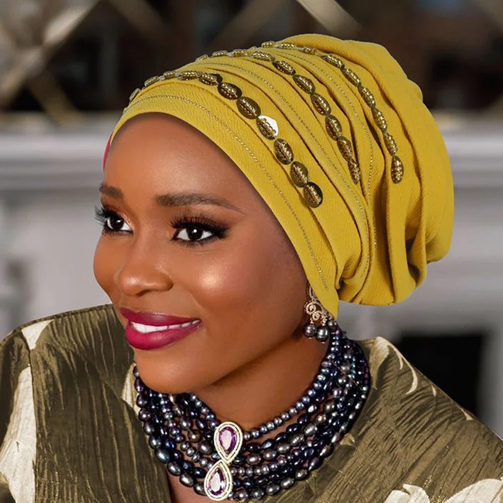 New Diamonds Turban Cap for Women Muslim Hijab Bonnet Headscarf Nigeria Geles Wedding Hat African Auto Gele Headties Head Wrap