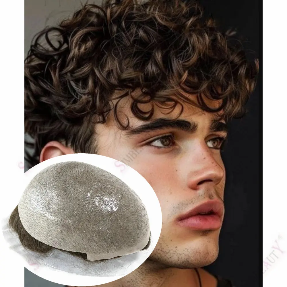 

Men 20mm Natural Curly Human Hair Toupee Male Capillary Prosthesis 100% Human Hair Durable 0.06mm Thin Skin Base Poly Easy Wear