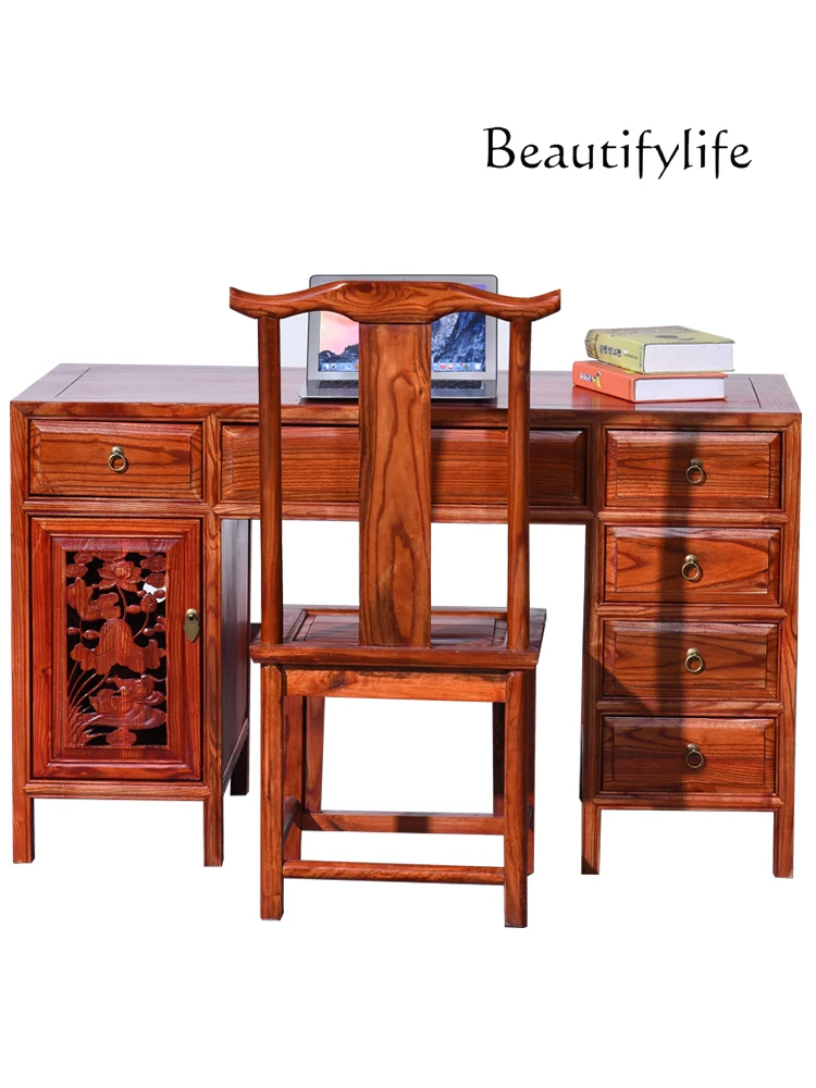 

Chinese-Style Solid Wood Computer Table and Chair Combination Elm Antique Carved Office Desk Home Writing Desk