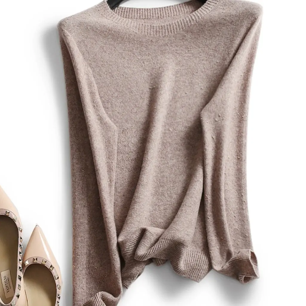 

Bright Silk Thread Bean Yarn Knitted Sweater Soft Waxy 100% Wool Loose Fit round Neck Thin Comfortable Top for Women F101413