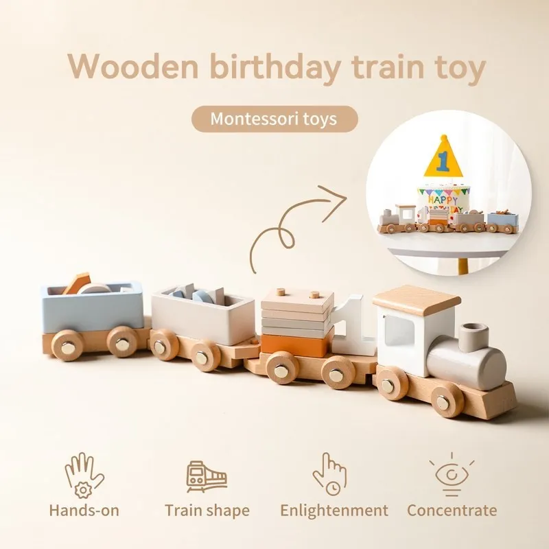 Baby Houten Trein Verjaardag Montessori Speelgoed Baby Educatief Speelgoed Houten Trolley Spel Jongens En Meisjes 1 2 3 4 5 Baby Leren Speelgoed