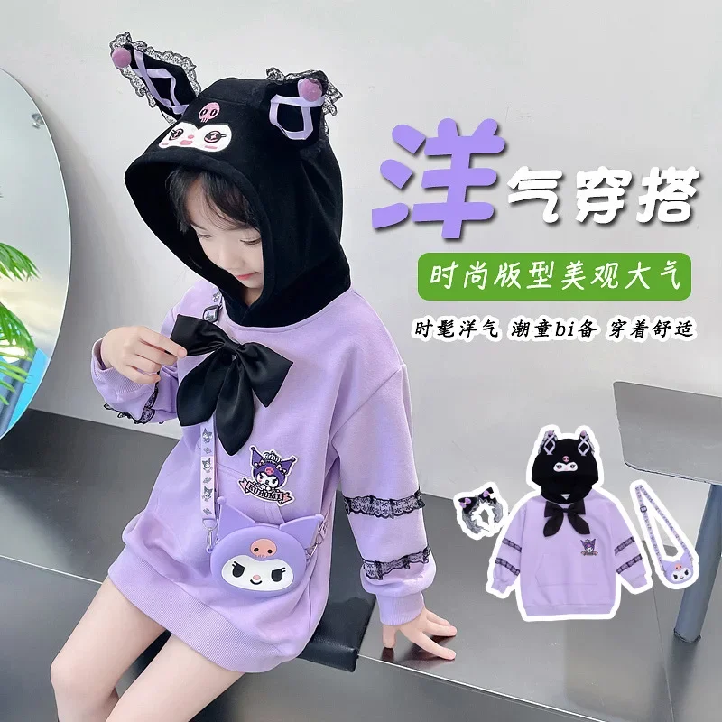 Spring Autumn Girls Kuromi Kawaii Sanrio Long Sleeve Hoodie Skirt Cute Headwear Bag Children Cotton Dress Princess Clothing Gift